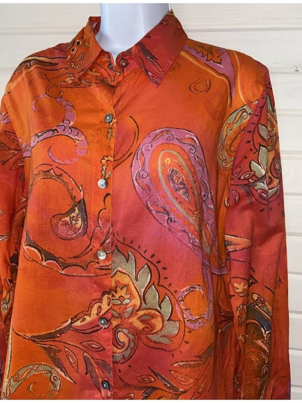 VTG Chicos Sz 1 (MEDIUM) Artsy Orange Paisley 100% Cotton Button Up Shirt EUC